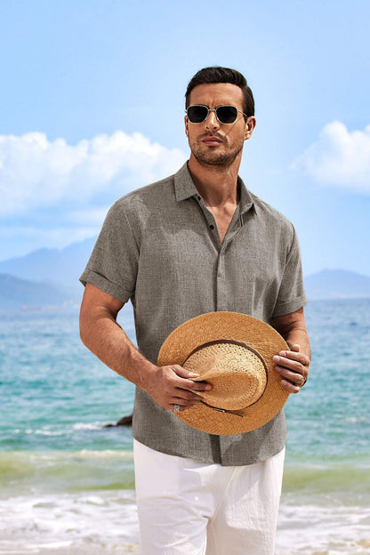 COOFANDY Men's Linen Shirts Short Sleeve Casual Shirts Button Down Shirt for Men Beach Summer Wedding Shirt