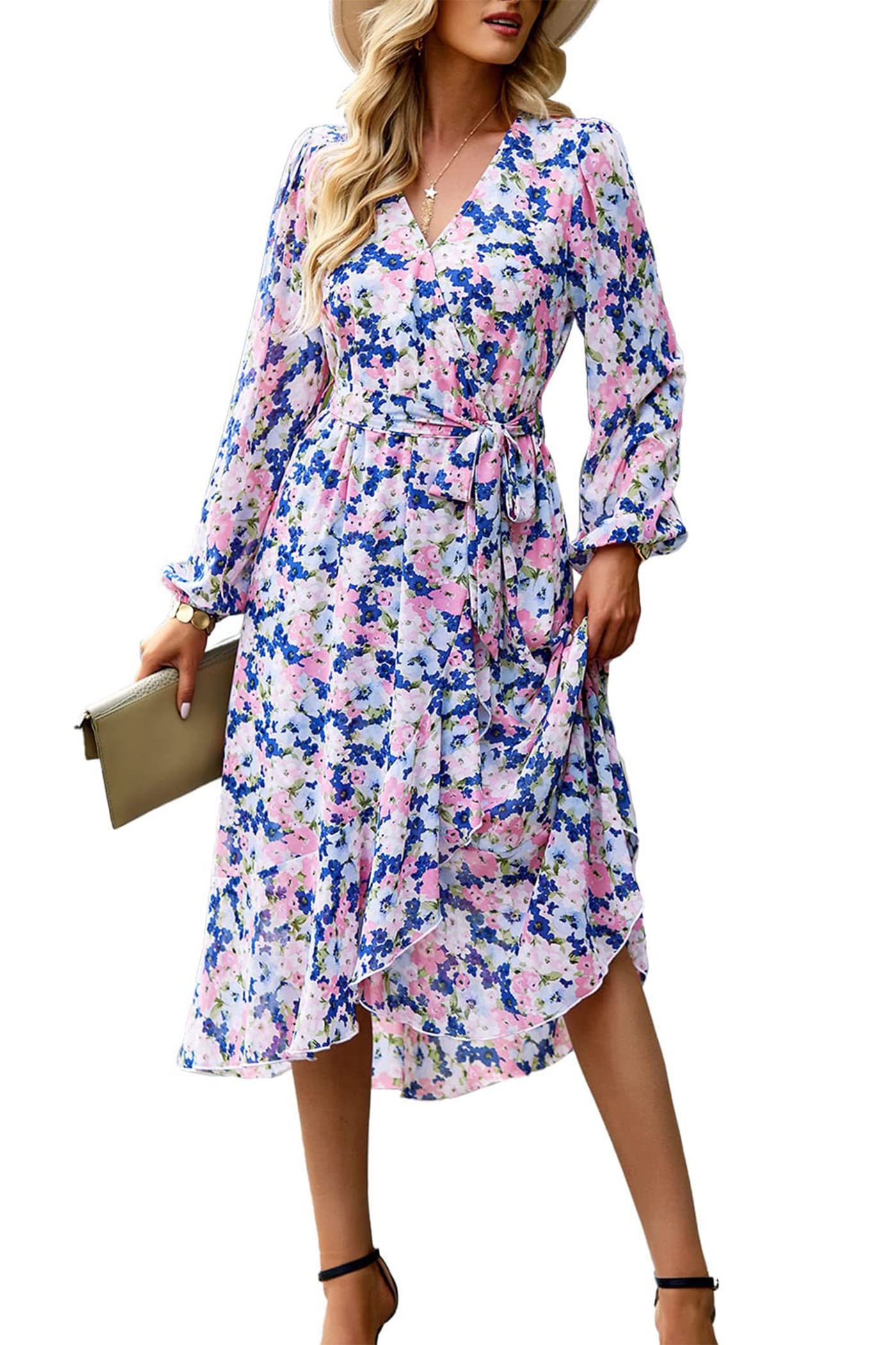 PRETTYGARDEN Women's Floral Print Boho Dress Long Sleeve Wrap V Neck Ruffle Belted A-Line Flowy Maxi Dresses