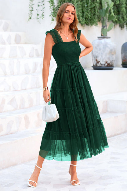 PRETTYGARDEN Women's 2024 Summer Midi Dress Casual Sleeveless Smocked Ruffle Tulle Flowy Party Wedding Guest Sundress