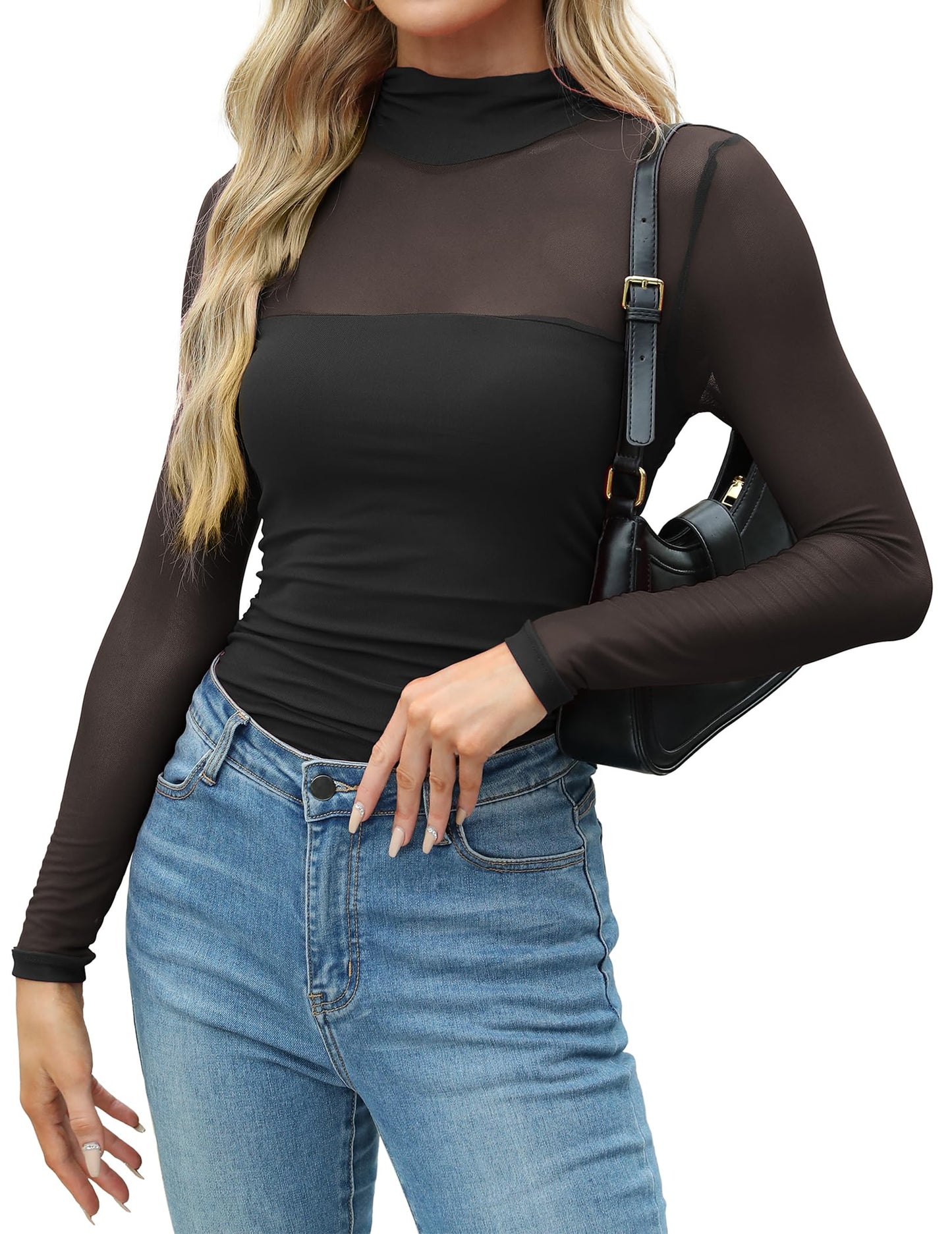 Zeagoo Women's Sexy Mock Turtle Neck Long Sleeve Tops Sheer Mesh Ruched Trendy Going Out Shirts Blouse