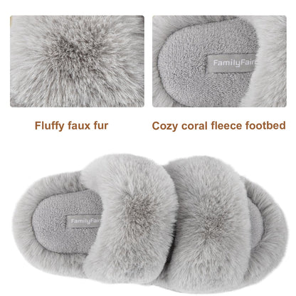 FamilyFairy Women's Fluffy Faux Fur Slippers Comfy Open Toe Two Band Slides with Fleece Lining and Rubber Sole