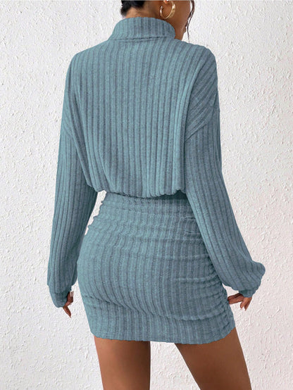Women's Pullover Sweater Dress Long Lantern Sleeve Turtle Neck Cute Ribbed Knit Bodycon Mini Short Dress 2024 Fall