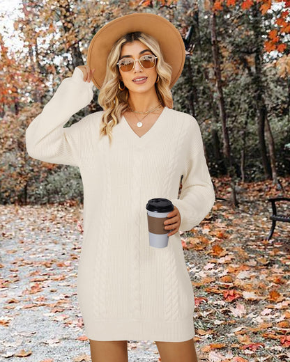 Women's Pullovers Jumper Sweaters Lantern Sleeve Casual V Neck Fall Knit Mini Sweater Dresses
