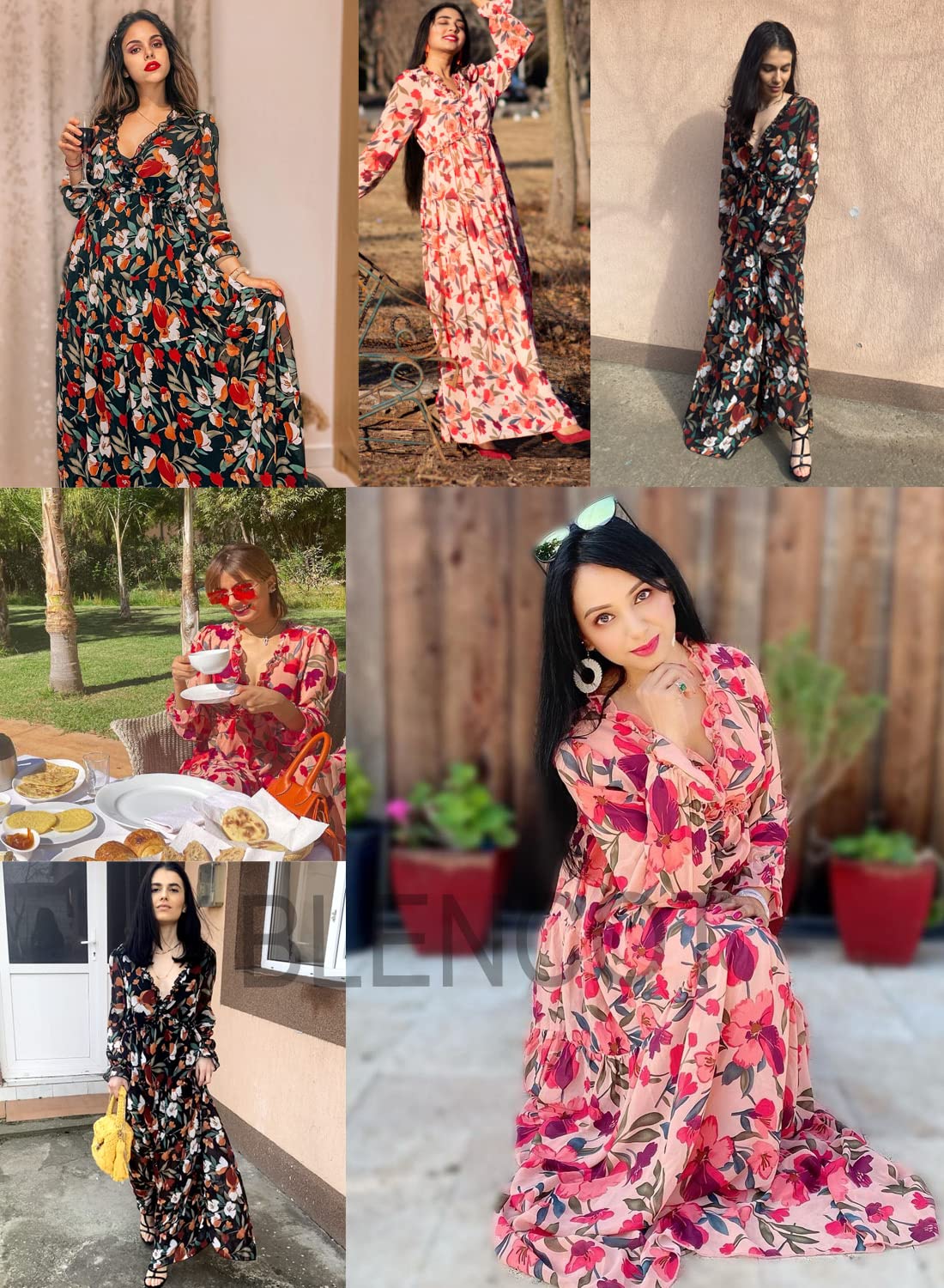 BLENCOT Womens Casual Boho Deep V Neck Short Sleeve Long Dress