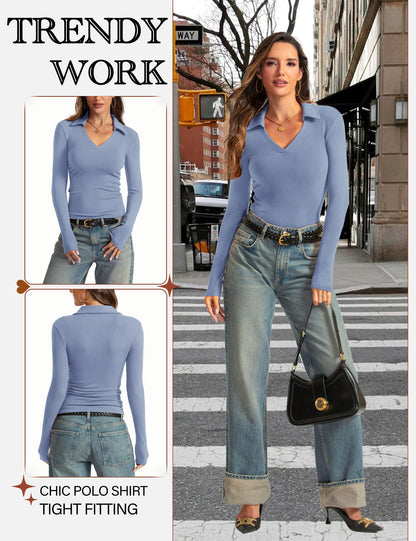 Womens Long Sleeve V Neck Polo Shirts Business Casual Collared Work Top Slim Fitted Basic 2024 Fall Shirt