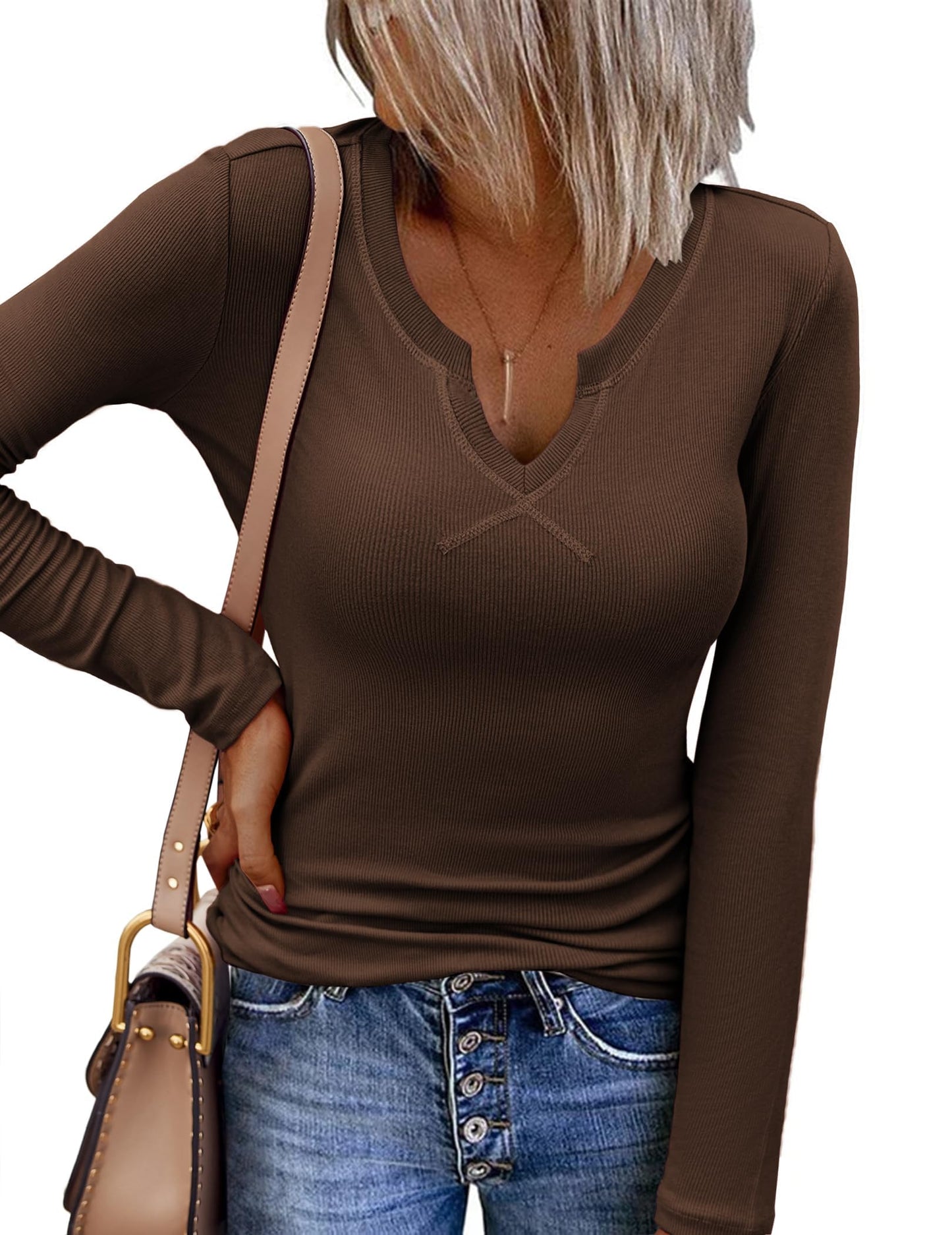 Zeagoo Womens Long Sleeve Shirts V-Neck Slim Fitted Knit Top Stretch Ribbed Basic Tee Casual Y2k Going Out T-Shirt