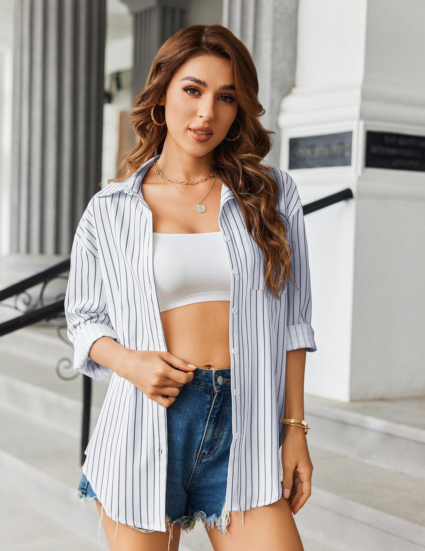 HOTOUCH Women Oversized Button Down Shirts Office Drop Shoulder Blouse Long Sleeve Boyfriend Dress Shirt with Pockets