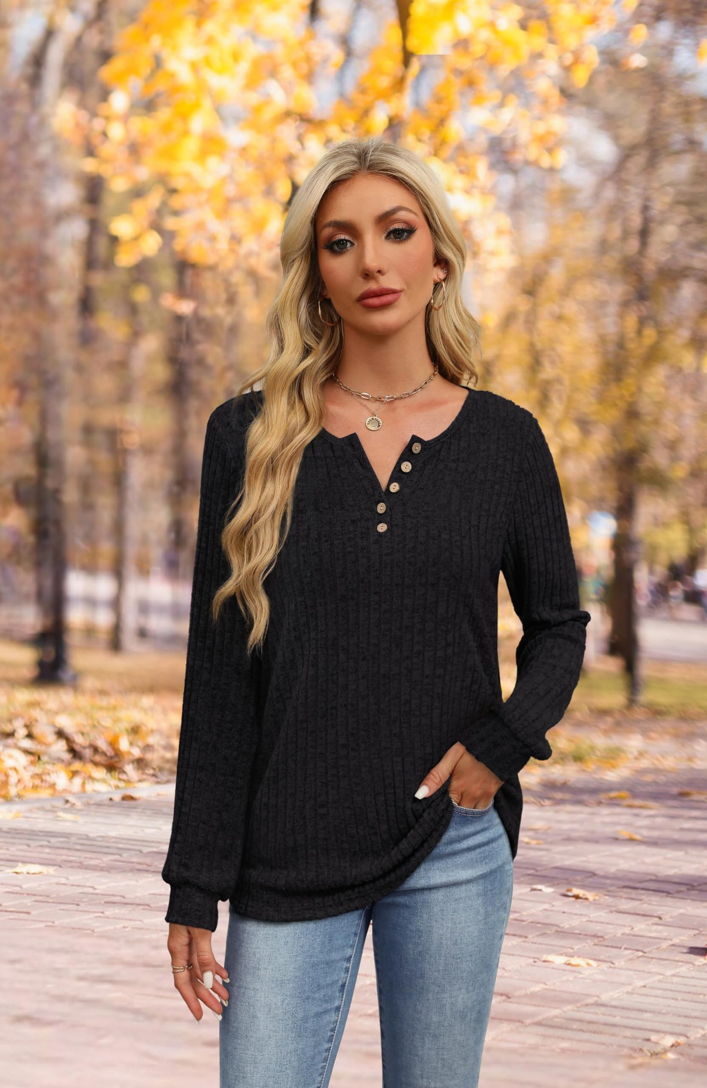 XIEERDUO Sweater for Women Long Sleeve Henley Shirts Tunic Tops to Wear with Leggings crew neck Sweaters Trendy 2024
