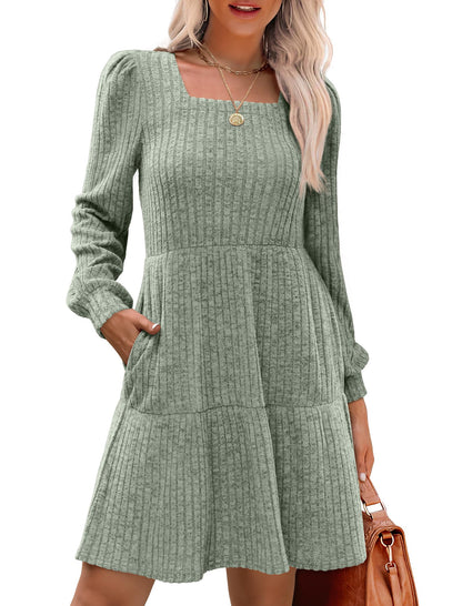 SAMPEEL Womens Square Neck Long Sleeve Fall Dresses Casual Babydoll Sweater Dress