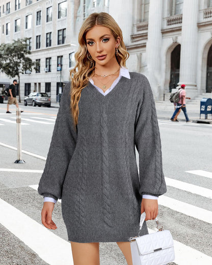 Women's Pullovers Jumper Sweaters Lantern Sleeve Casual V Neck Fall Knit Mini Sweater Dresses