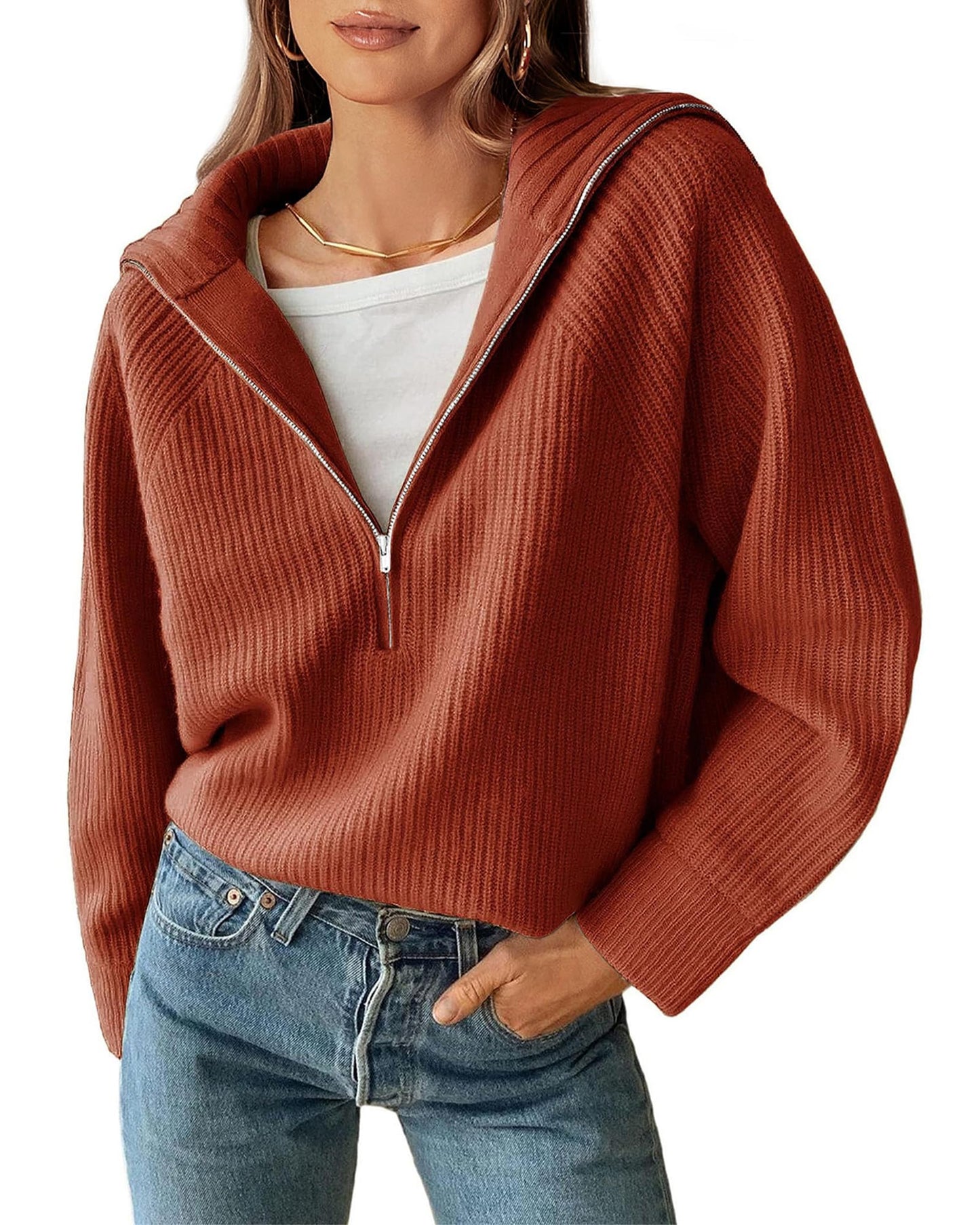 BTFBM Women’s Casual Long Sleeve Half Zip Pullover Sweaters Solid V Neck Collar Ribbed Knitted Loose Slouchy Jumper Tops