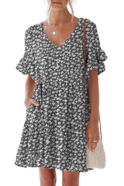 nclook Women's Summer Casual Dress Sweet & Cute V-Neck Mini Dress with Pocket Short Sleevele Ruffle Dress
