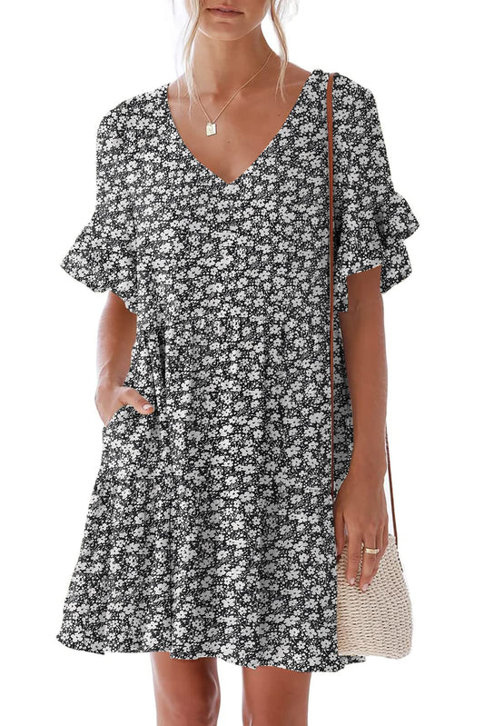 nclook Women's Summer Casual Dress Sweet & Cute V-Neck Mini Dress with Pocket Short Sleevele Ruffle Dress