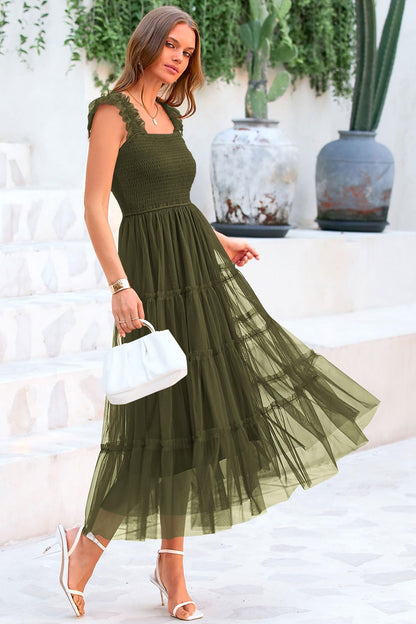 PRETTYGARDEN Women's 2024 Summer Midi Dress Casual Sleeveless Smocked Ruffle Tulle Flowy Party Wedding Guest Sundress