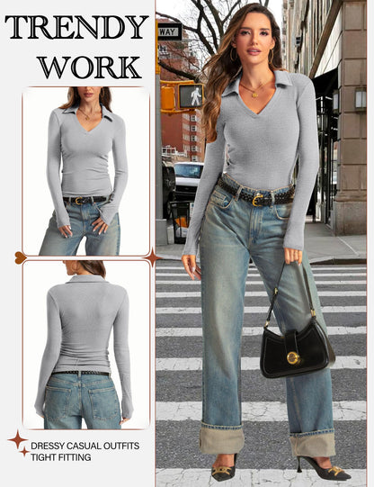 Womens Long Sleeve V Neck Polo Shirts Business Casual Collared Work Top Slim Fitted Basic 2024 Fall Shirt