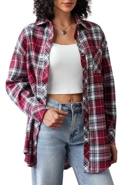 CHYRII Womens Button Down Flannel Shirts Long Sleeve Plaid Shackets Business Casual Blouse Top