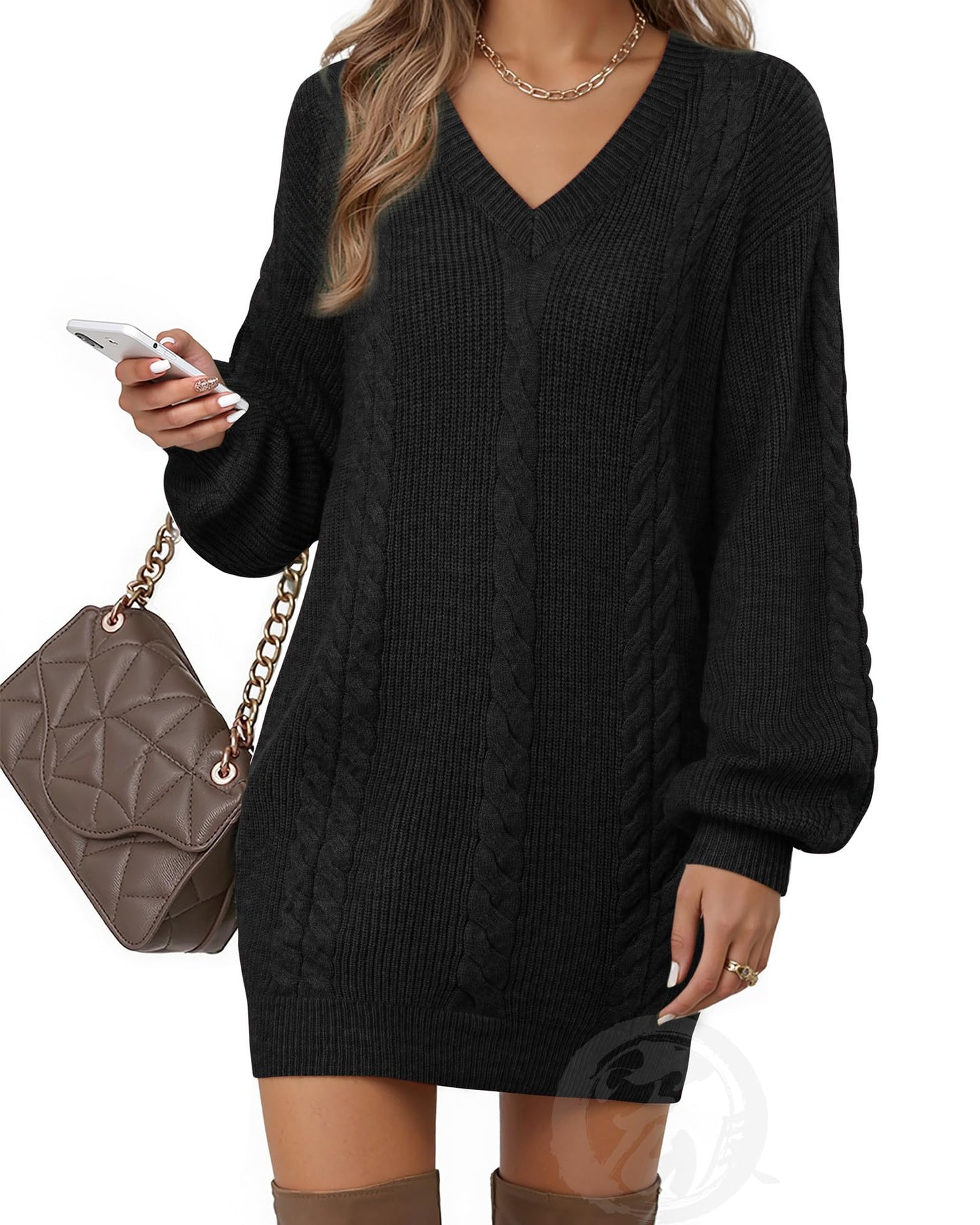Women's Pullovers Jumper Sweaters Lantern Sleeve Casual V Neck Fall Knit Mini Sweater Dresses