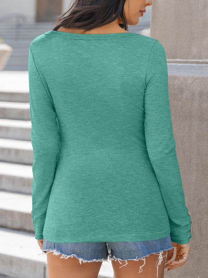 Kissfix Womens Long Sleeve Shirts Going Out Fall Clothes Casual Henley Tops Ribbed Knit Blouses Fashion Trendy Outfits
