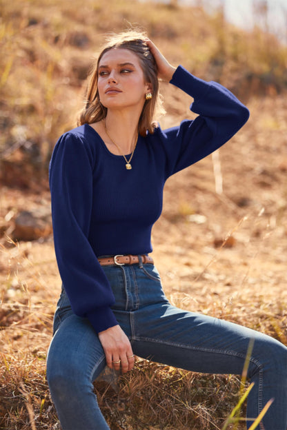 MASCOMODA Long Puff Sleeve Sweaters for Women 2024 Fall Winter Crewneck Knit Ribbed Bodysuit Pullover Tops