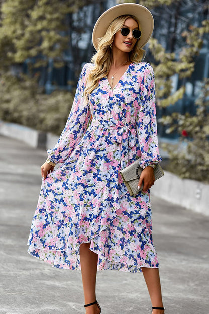 PRETTYGARDEN Women's Floral Print Boho Dress Long Sleeve Wrap V Neck Ruffle Belted A-Line Flowy Maxi Dresses