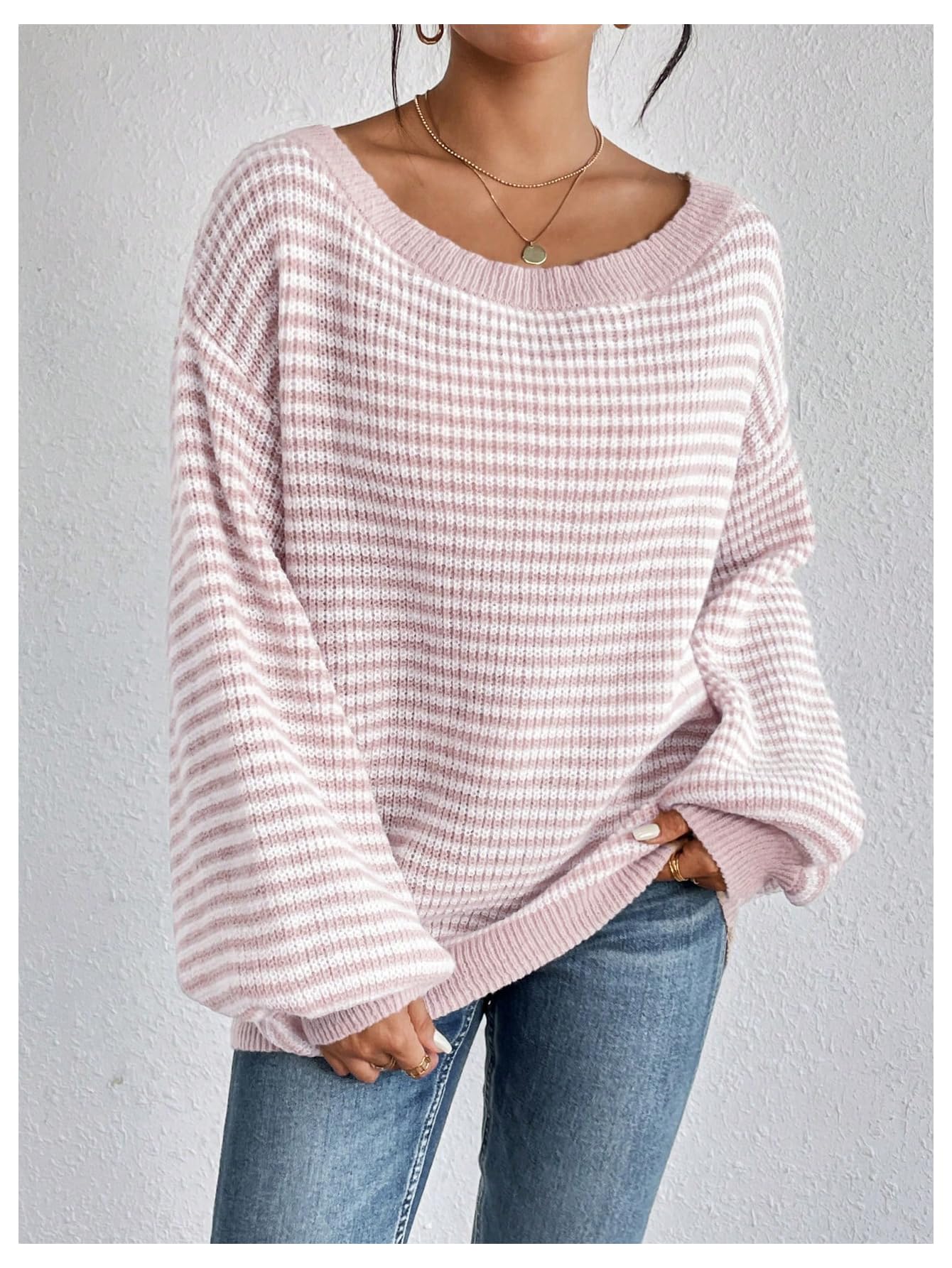 SOLY HUX Women's Off The Shoulder Striped Sweaters Oversized Long Sleeve Knit Pullover Tops