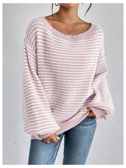 SOLY HUX Women's Off The Shoulder Striped Sweaters Oversized Long Sleeve Knit Pullover Tops