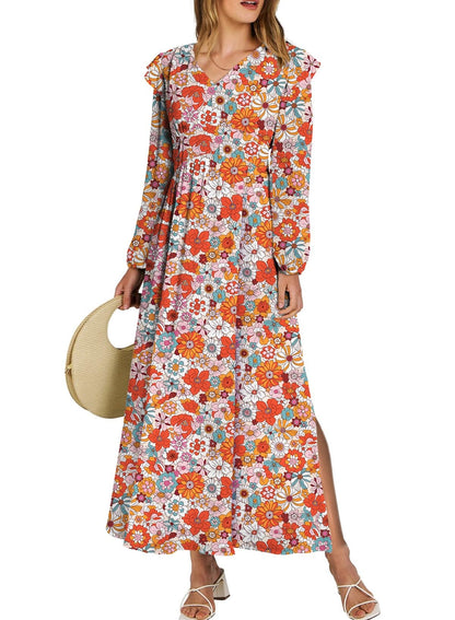 BLENCOT Womens Casual Boho Deep V Neck Short Sleeve Long Dress