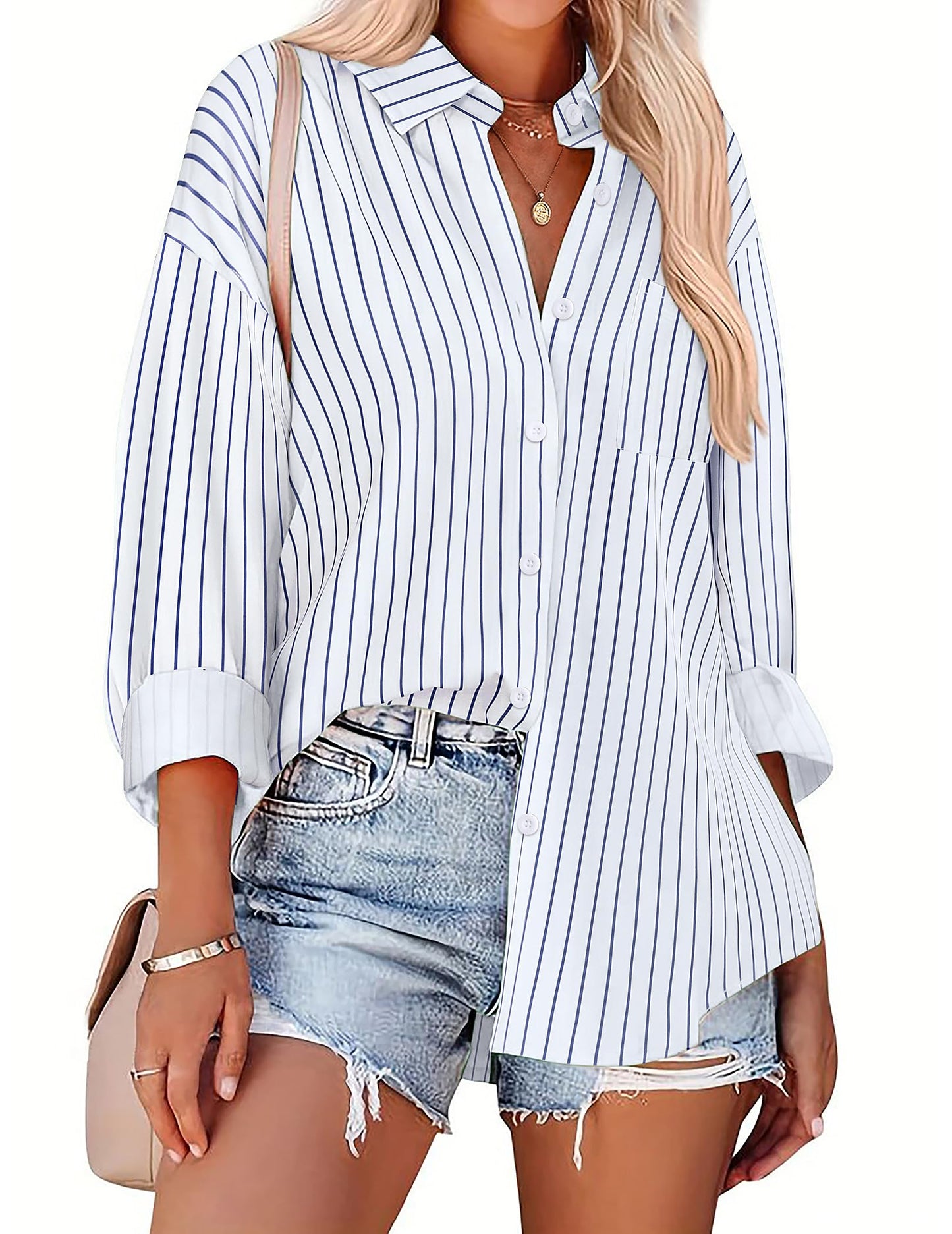 HOTOUCH Women Oversized Button Down Shirts Office Drop Shoulder Blouse Long Sleeve Boyfriend Dress Shirt with Pockets