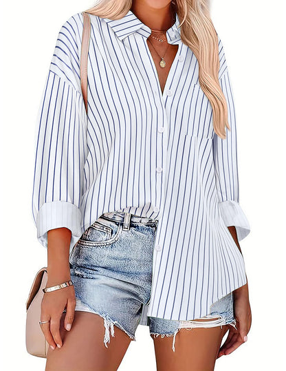 HOTOUCH Women Oversized Button Down Shirts Office Drop Shoulder Blouse Long Sleeve Boyfriend Dress Shirt with Pockets