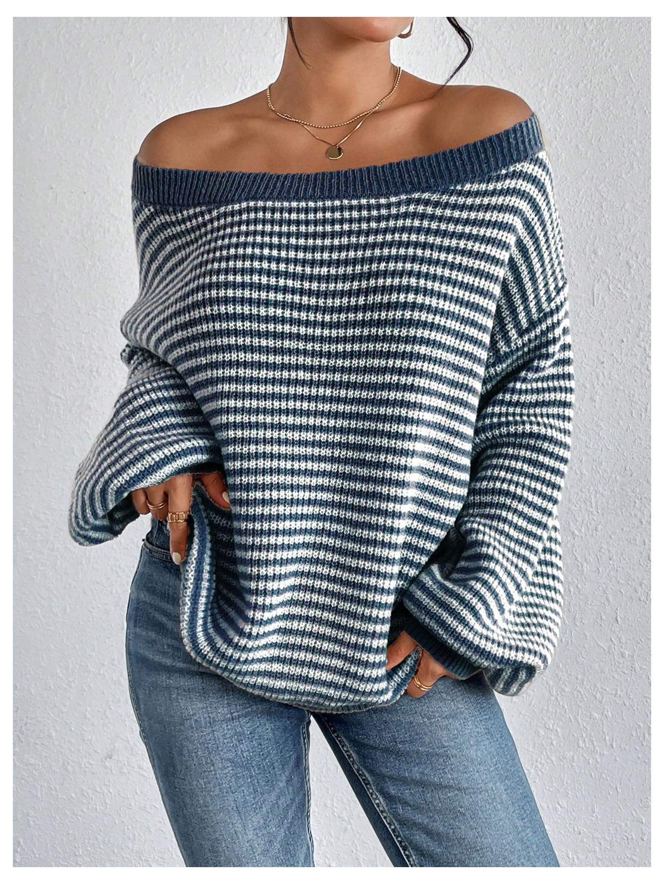 SOLY HUX Women's Off The Shoulder Striped Sweaters Oversized Long Sleeve Knit Pullover Tops