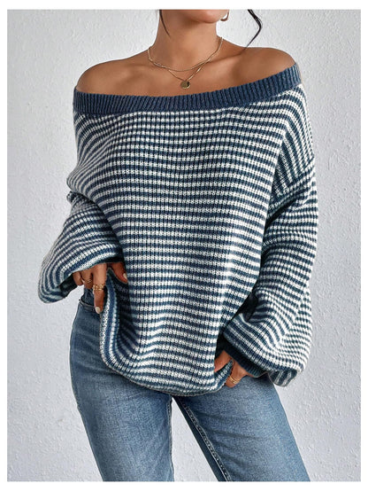 SOLY HUX Women's Off The Shoulder Striped Sweaters Oversized Long Sleeve Knit Pullover Tops