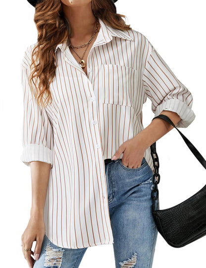 HOTOUCH Women Oversized Button Down Shirts Office Drop Shoulder Blouse Long Sleeve Boyfriend Dress Shirt with Pockets