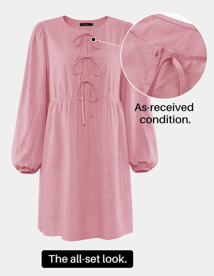 ZESICA Women's Dress Fall Long Puff Sleeve Self Tie Front Babydoll A Line Pleated Cute Mini Tunic Dresses 2025