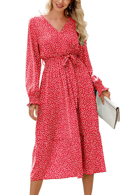 PRETTYGARDEN Women's Floral Print Boho Dress Long Sleeve Wrap V Neck Ruffle Belted A-Line Flowy Maxi Dresses