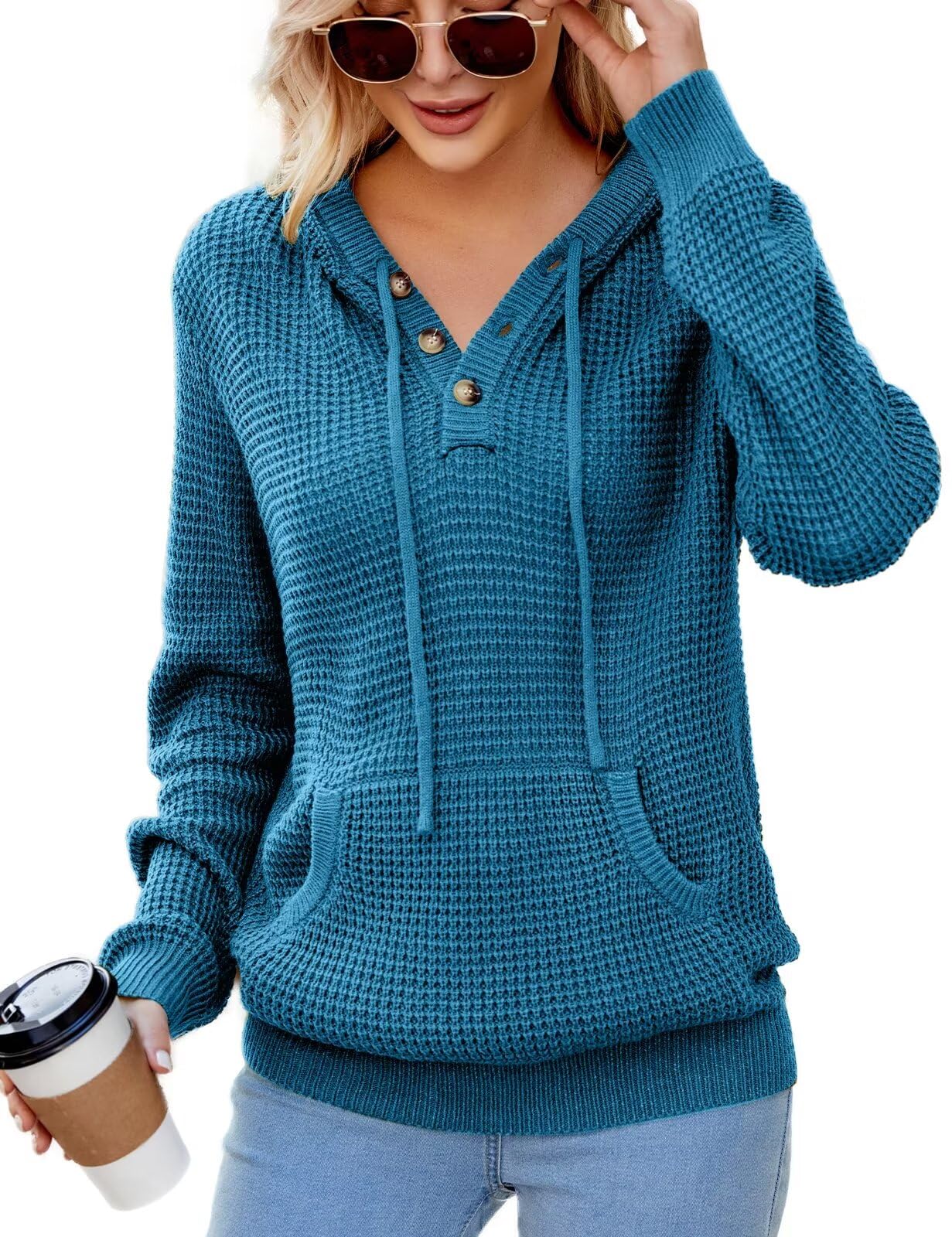 CiCiBird Women Fall Hoodies Sweater Knit V Neck Tops Oversized Fashion Pullover Casual Long Sleeve Shirts with Pockets