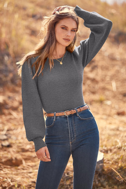 MASCOMODA Long Puff Sleeve Sweaters for Women 2024 Fall Winter Crewneck Knit Ribbed Bodysuit Pullover Tops