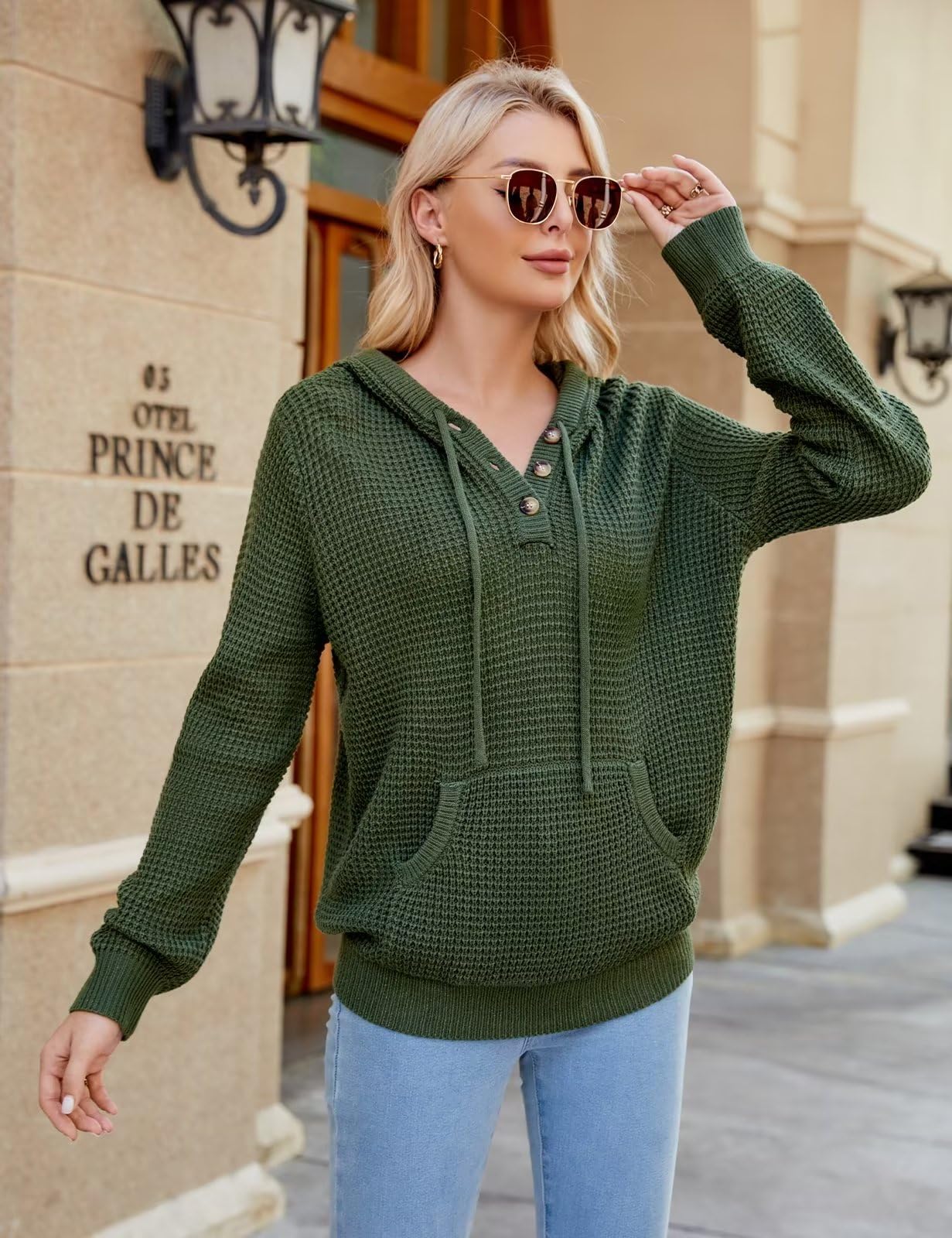 CiCiBird Women Fall Hoodies Sweater Knit V Neck Tops Oversized Fashion Pullover Casual Long Sleeve Shirts with Pockets