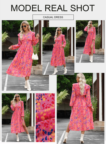 BLENCOT Womens Casual Boho Deep V Neck Short Sleeve Long Dress