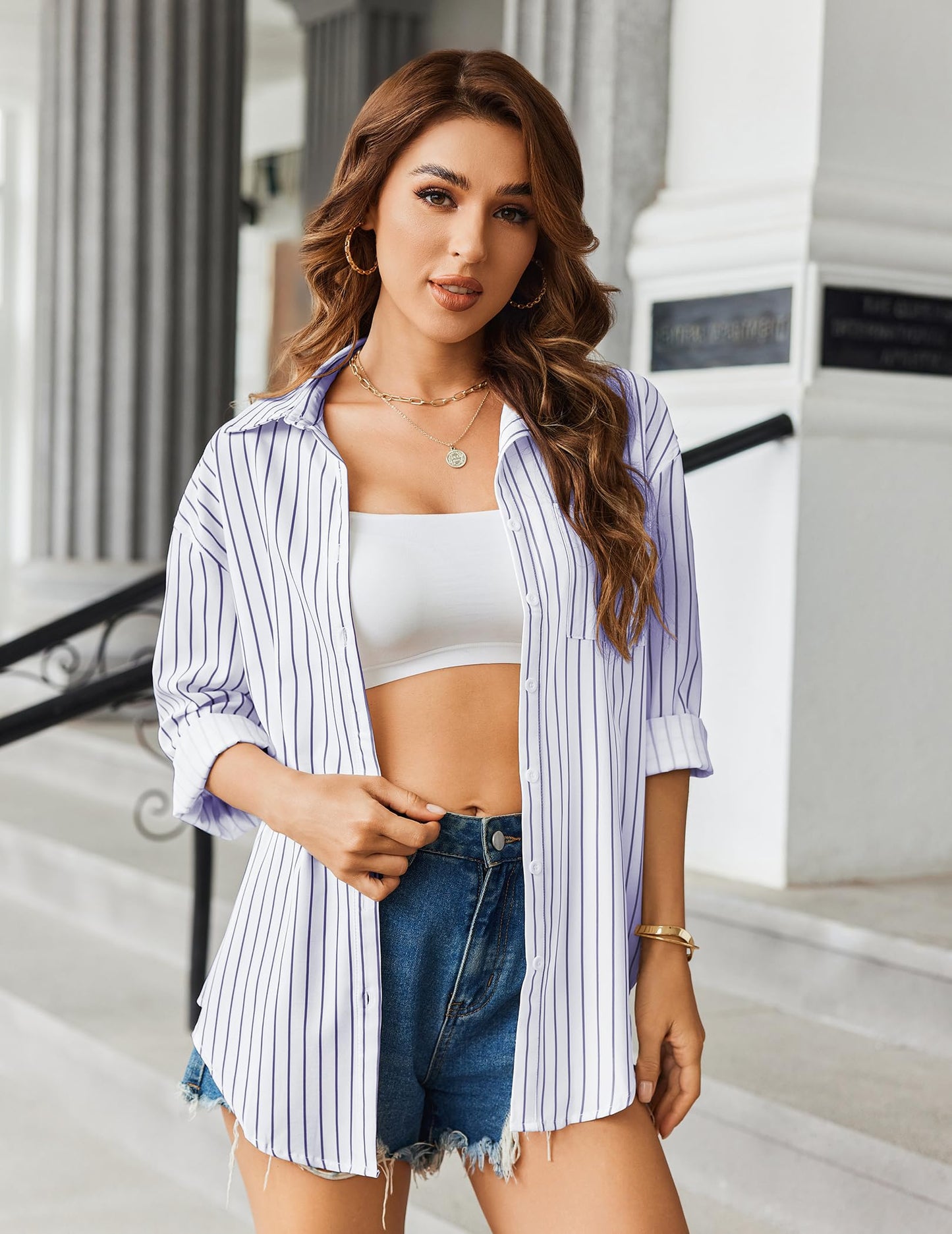 HOTOUCH Women Oversized Button Down Shirts Office Drop Shoulder Blouse Long Sleeve Boyfriend Dress Shirt with Pockets