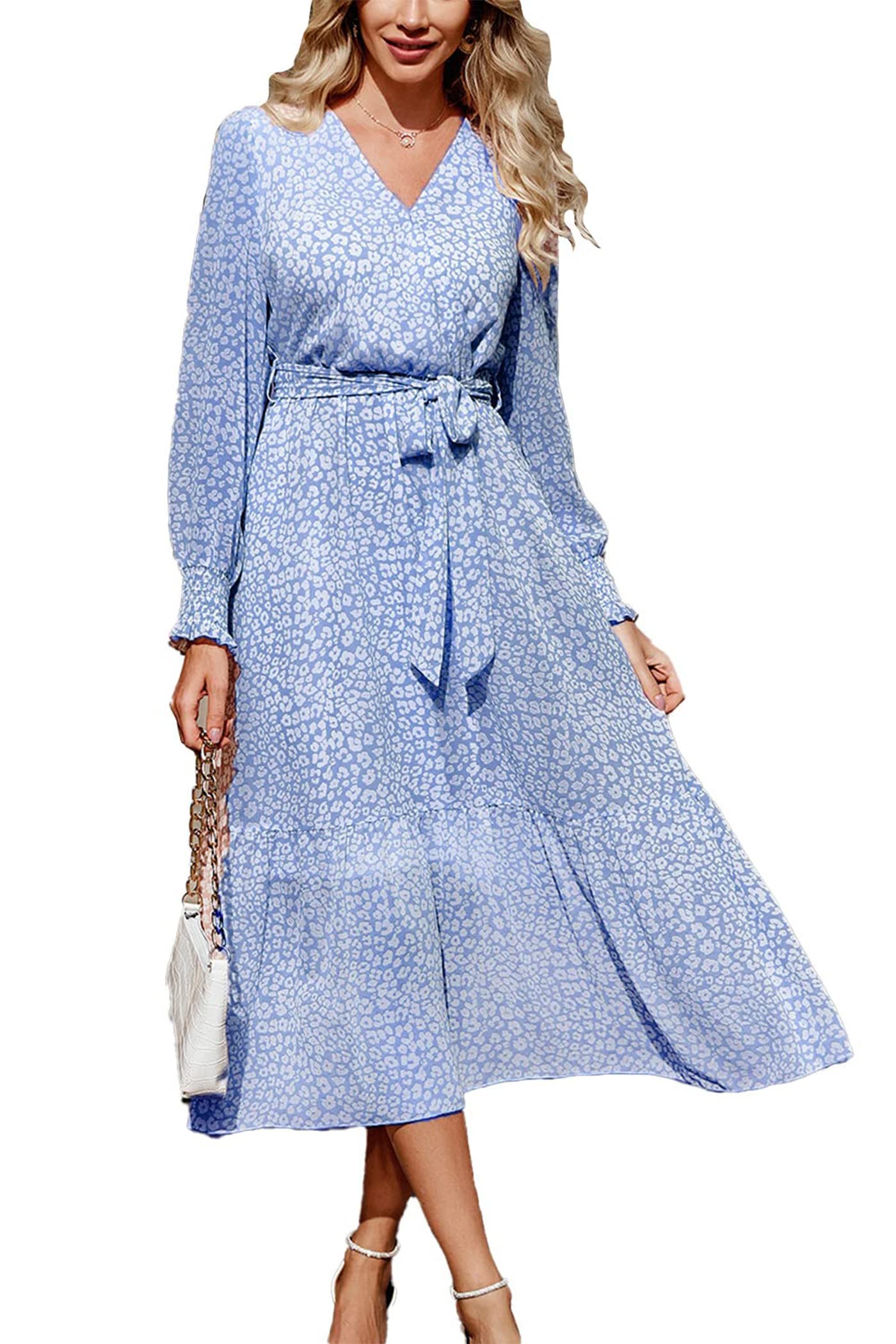 PRETTYGARDEN Women's Floral Print Boho Dress Long Sleeve Wrap V Neck Ruffle Belted A-Line Flowy Maxi Dresses