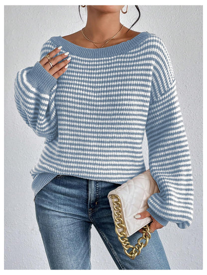 SOLY HUX Women's Off The Shoulder Striped Sweaters Oversized Long Sleeve Knit Pullover Tops