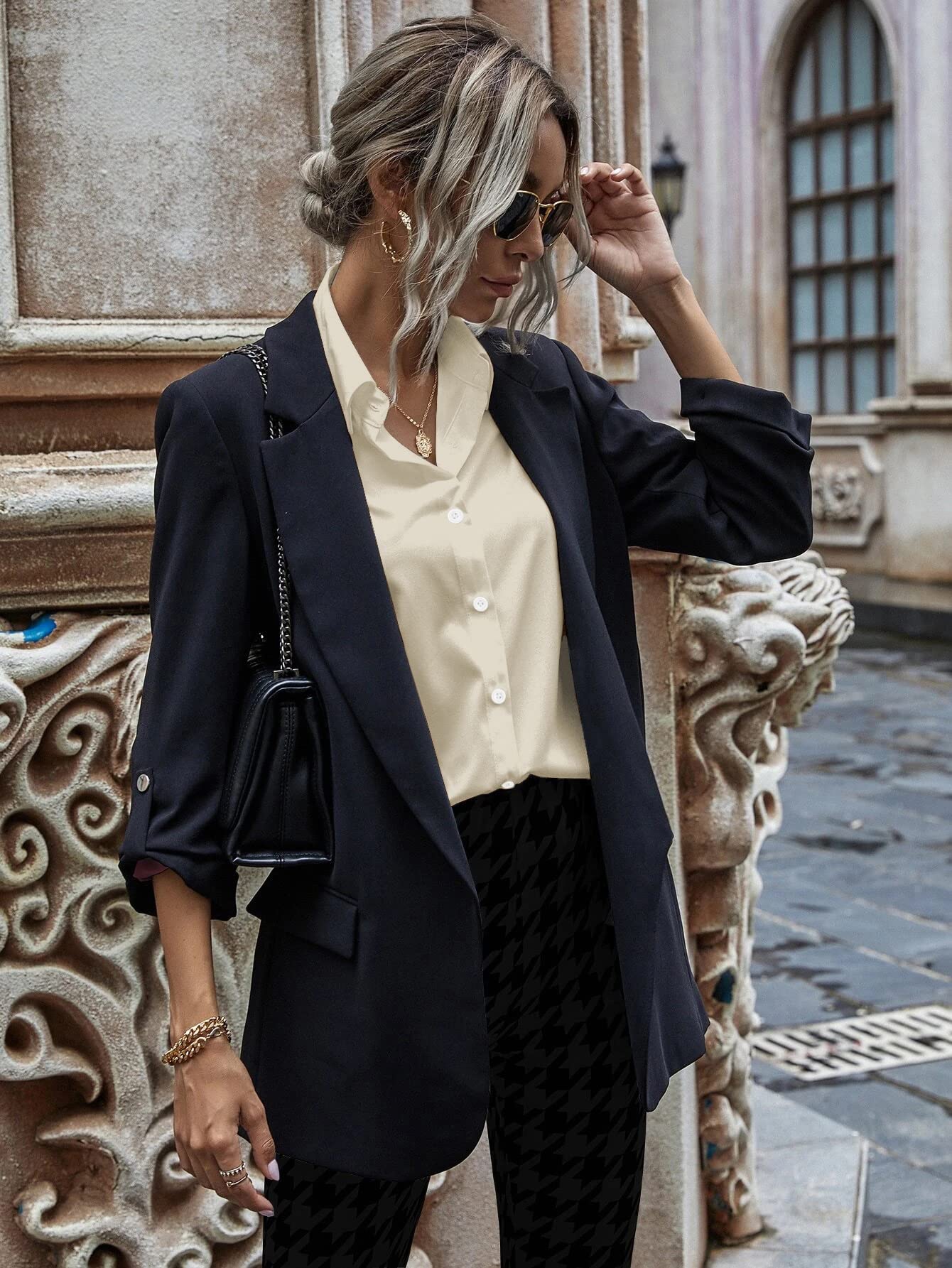 HOTOUCH Women Oversized Button Down Shirts Office Drop Shoulder Blouse Long Sleeve Boyfriend Dress Shirt with Pockets