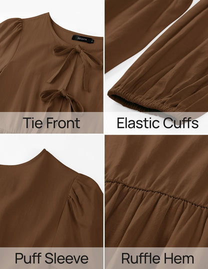 ZESICA Women's Dress Fall Long Puff Sleeve Self Tie Front Babydoll A Line Pleated Cute Mini Tunic Dresses 2025