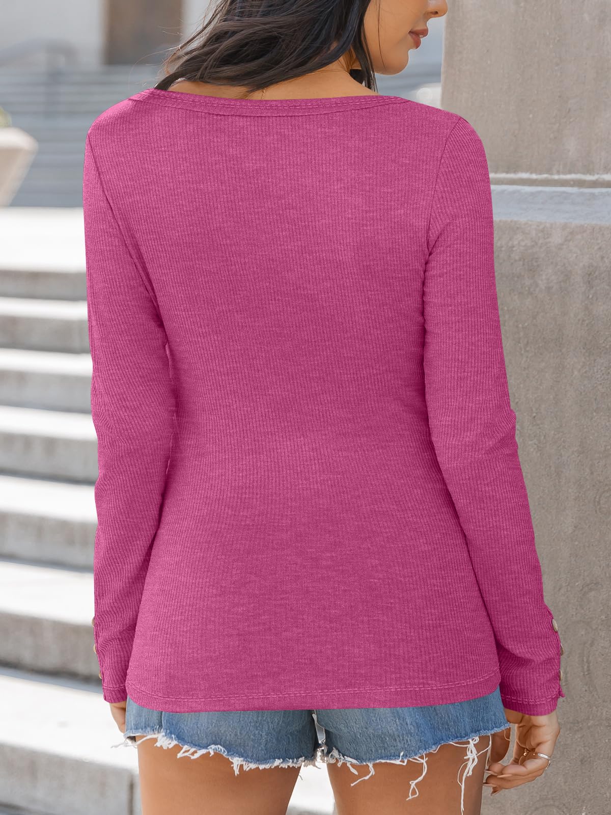 Kissfix Womens Long Sleeve Shirts Going Out Fall Clothes Casual Henley Tops Ribbed Knit Blouses Fashion Trendy Outfits