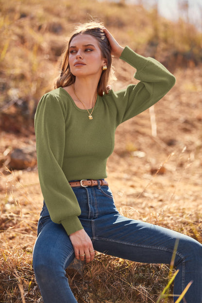 MASCOMODA Long Puff Sleeve Sweaters for Women 2024 Fall Winter Crewneck Knit Ribbed Bodysuit Pullover Tops