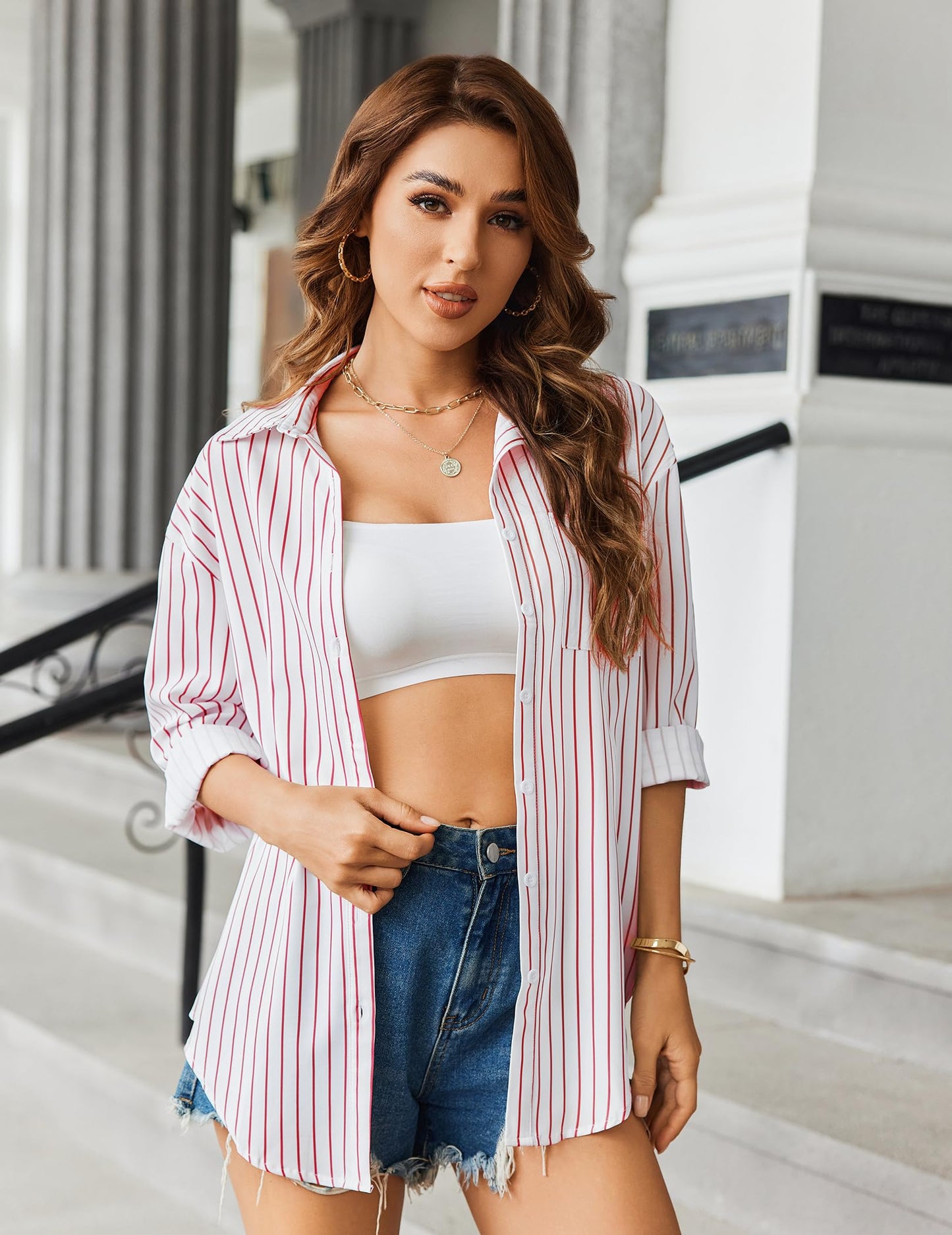 HOTOUCH Women Oversized Button Down Shirts Office Drop Shoulder Blouse Long Sleeve Boyfriend Dress Shirt with Pockets