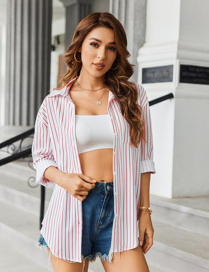 HOTOUCH Women Oversized Button Down Shirts Office Drop Shoulder Blouse Long Sleeve Boyfriend Dress Shirt with Pockets