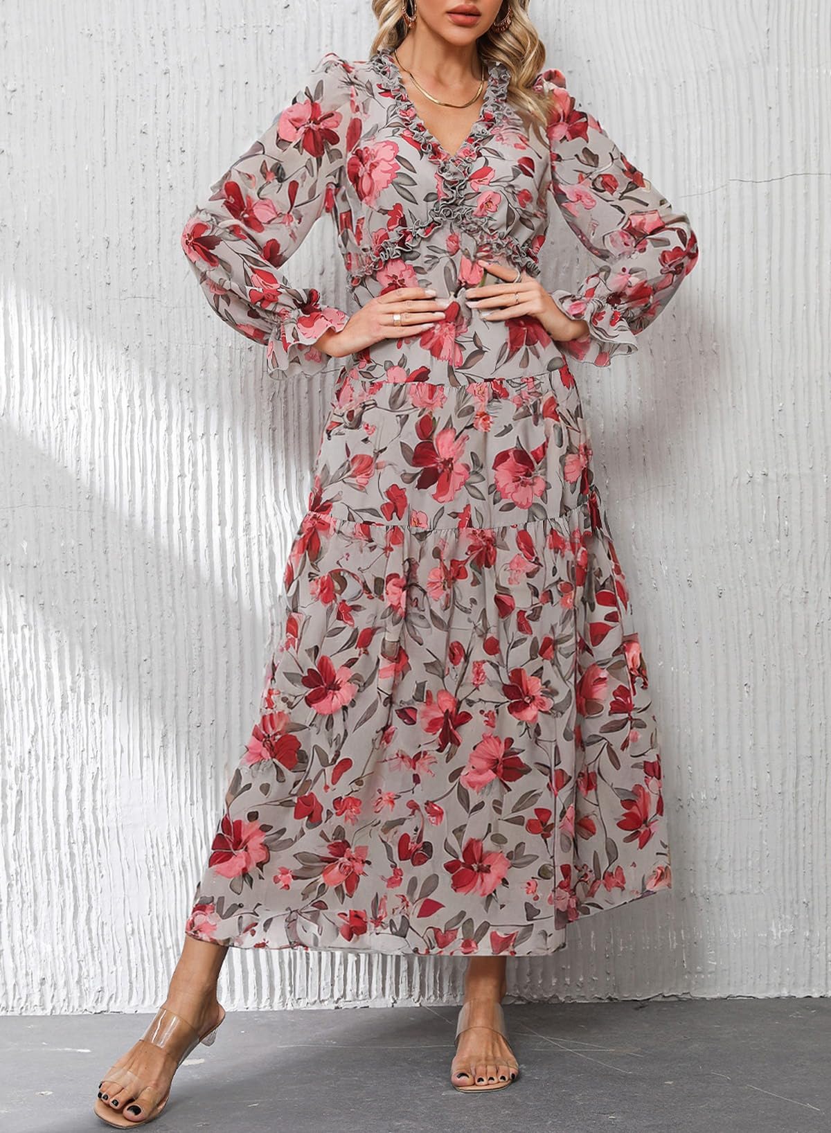 BLENCOT Womens Casual Boho Deep V Neck Short Sleeve Long Dress