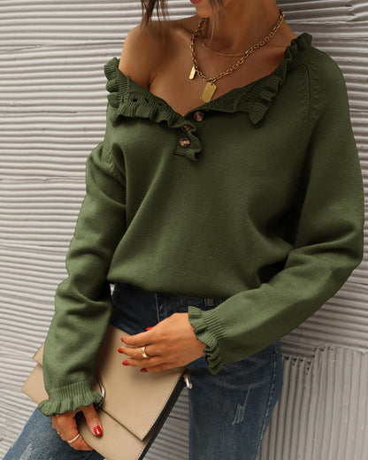 BTFBM 2024 Womens Sweaters Fall Winter Outfits Long Sleeve Button Down Ruffle Crew Neck Casual Knitted Pullover Tops