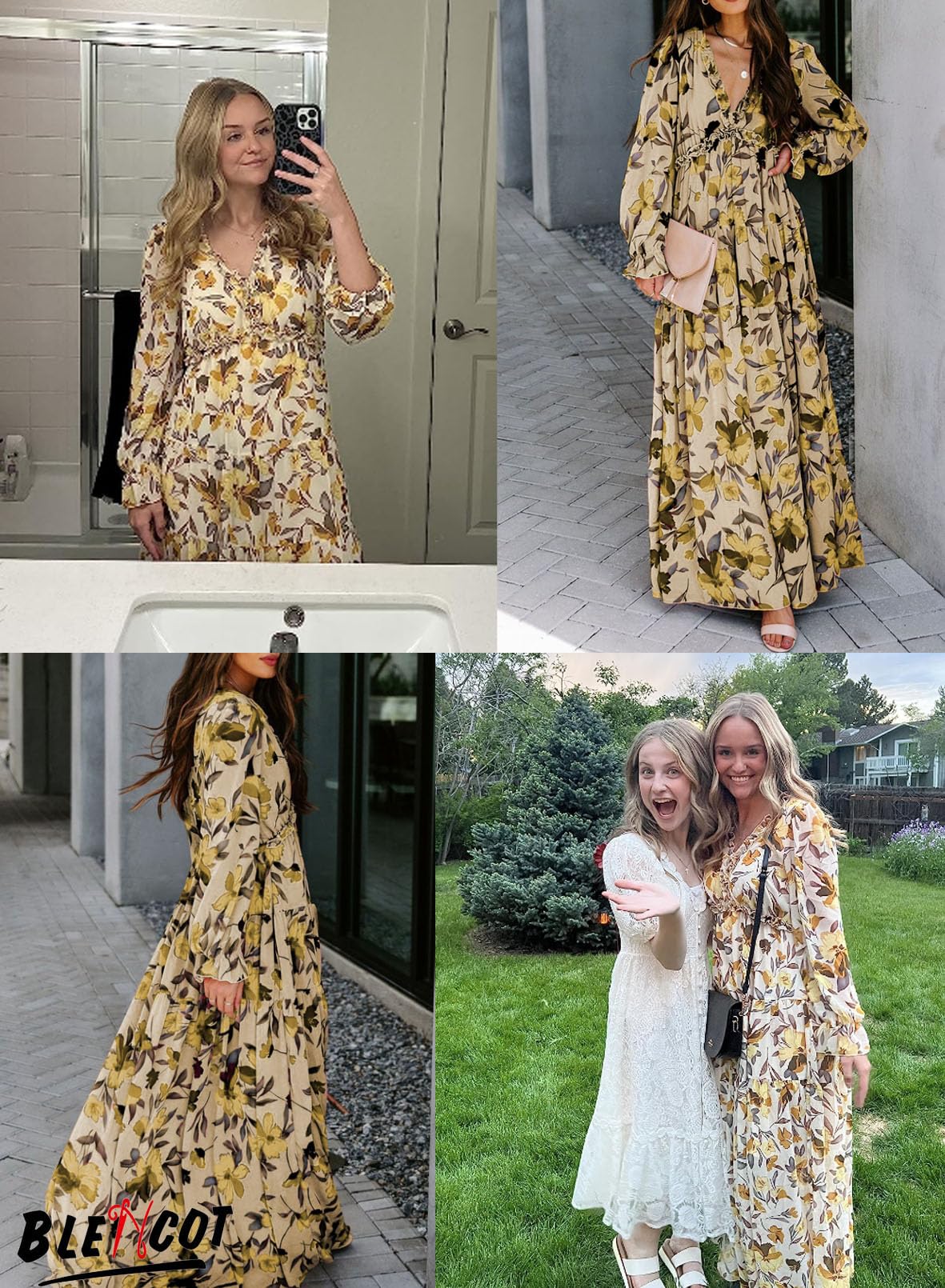 BLENCOT Womens Casual Boho Deep V Neck Short Sleeve Long Dress